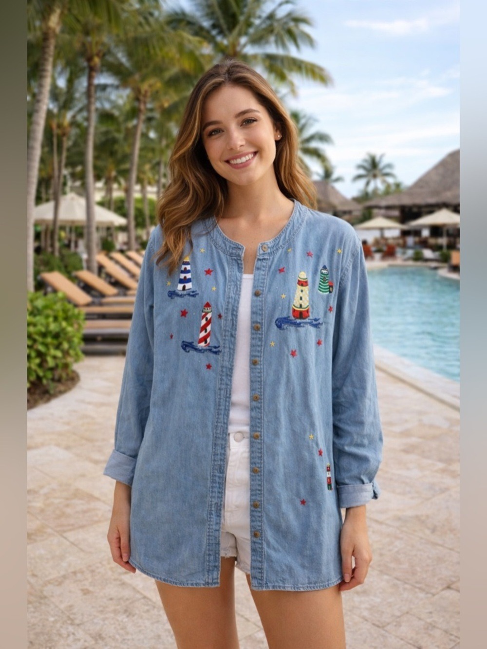 Vintage 80s Nautical Embroidered Lighthouse Button Up Shirt Shacket denim Jean